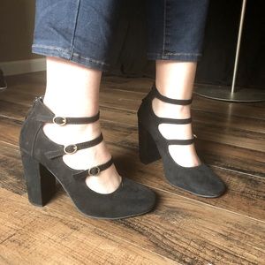 Lauren Conrad Black Suede Strappy Chunky Heels